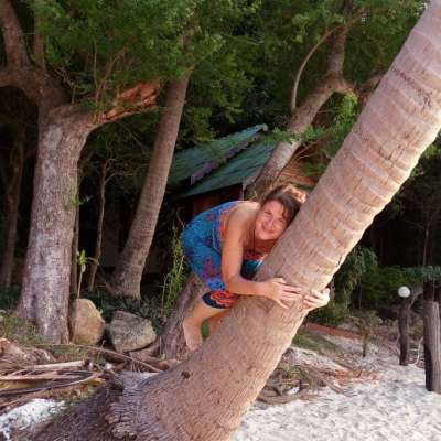 Thetahealing Divine Timing, Thetaflow, Thailand, Koh Phangan, Julia Buschmann on a palm tree.